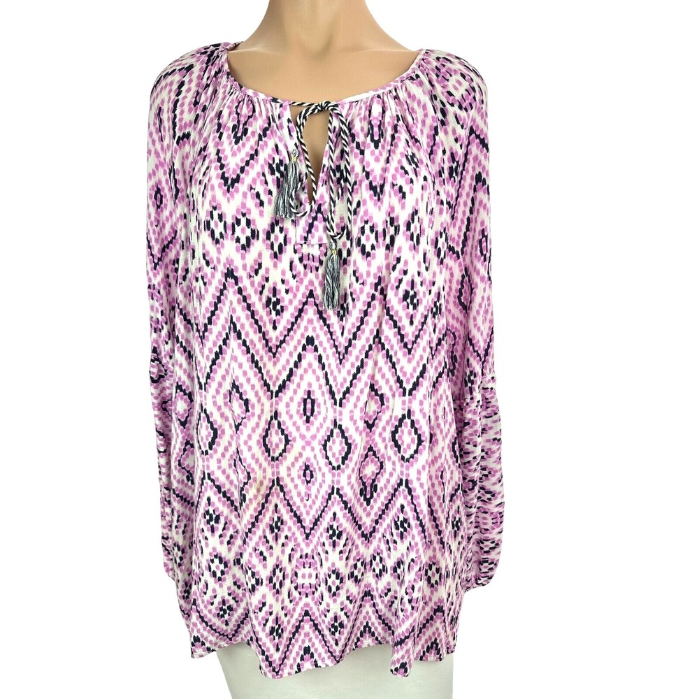 Lane Bryant Size 20 Pullover Blouse Purple/White Balloon Sleeve Rayon
